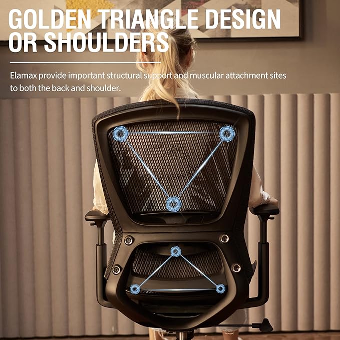 ELABEST Ergonomic Mesh Office Chair,Comfy Computer Desk Chair - BIFMA 5.1 Certified Commercial Swivel Task Chair for Home Office - Adjustable Lumbar Support & Armrests,Tilt Function,Wide Seat (Black)