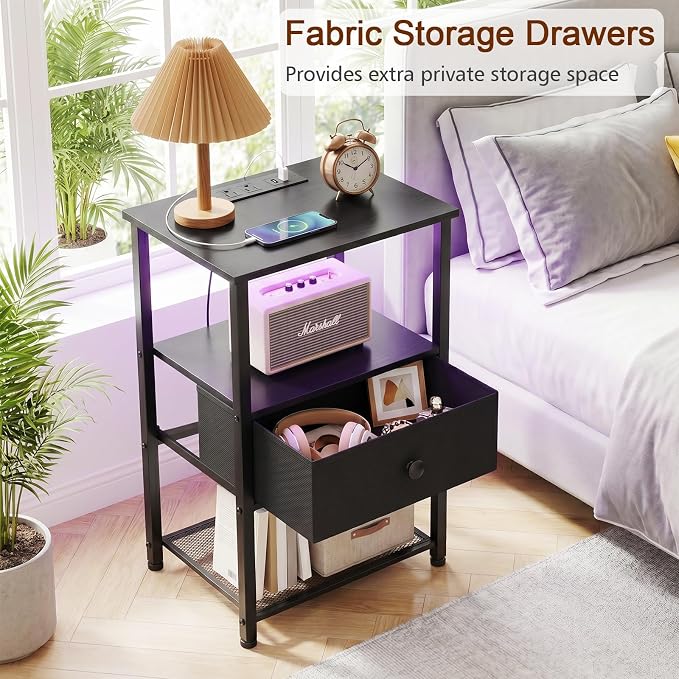 LOAKEKEL Nightstands Set of 2 with Charging Station, Night Stand with LED Lights, End Tables Living Room with Storage Shelf, Bed Side Tables with Storage Drawer for Bedroom, Black, HETS01BK