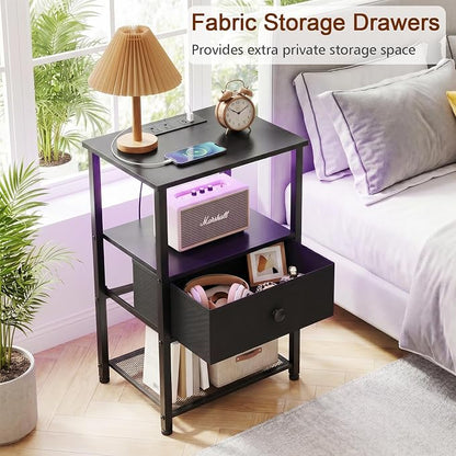 LOAKEKEL Nightstands Set of 2 with Charging Station, Night Stand with LED Lights, End Tables Living Room with Storage Shelf, Bed Side Tables with Storage Drawer for Bedroom, Black, HETS01BK