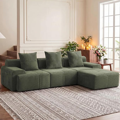 118" Sectional Boneless Oversize Modular Couches, Curved Cloud Sectional Sofa for Living Room, Corduroy L Shape Deep Seat Sofa with Ottoman & 3 Throw Pillows, No Assembly Required,Green