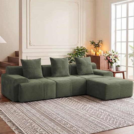 118" Sectional Boneless Oversize Modular Couches, Curved Cloud Sectional Sofa for Living Room, Corduroy L Shape Deep Seat Sofa with Ottoman & 3 Throw Pillows, No Assembly Required,Green