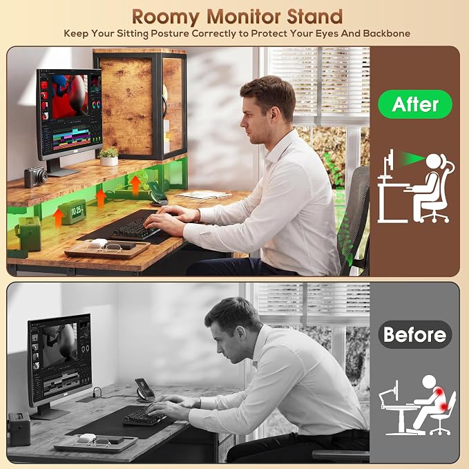 DurayLoly Computer Desk, 55" Desk with Cabinet to Display & RGB Light, Home Office Desks with 3 Drawers for Small Space, 2 AC Power Outlets and 2 Ports, Monitor Stand for Student Bedroom, Brown