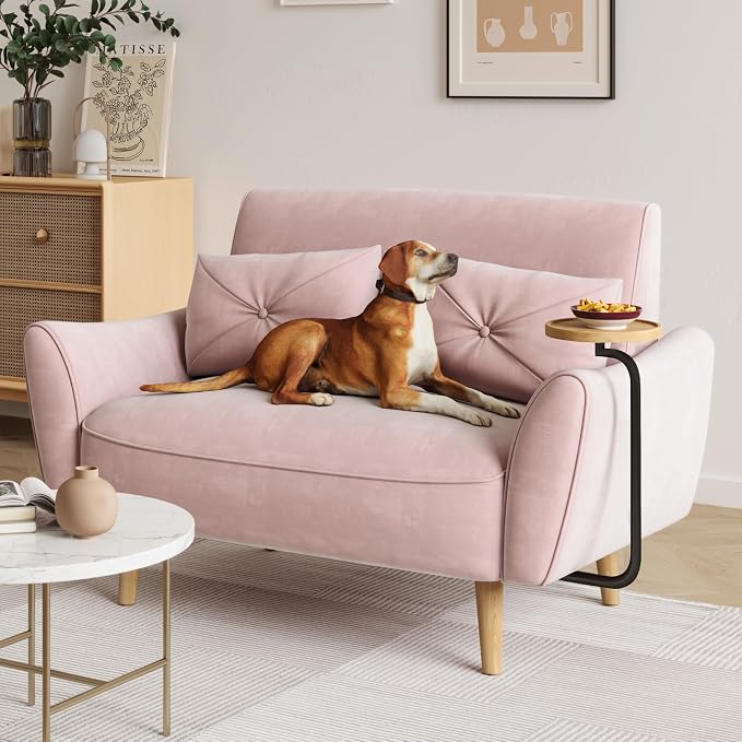 Brelice Loveseat Sofa, 47" Velvet Couch for Bedroom, Convertible Wooden Tray & Ergonomic Armrest, for Small Space, Apartment, Living Room, Home Office, Easy Assembly, Pink