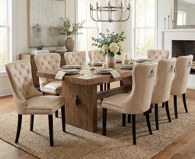 CIMOTA Beige Leather Dining Chairs Set of 8 Mid Century Modern Dining Room Chairs Tufted Upholstered Kitchen Dining Chairs Comfortable Side Chairs with Nailhead Trim/Ring Back (PU /8PCS)