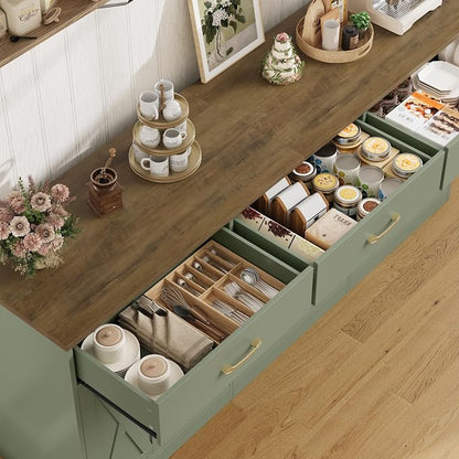 HOSTACK 71" Large Sideboard Buffet Cabinet with Storage, Farmhouse Coffee Bar Cabinet with 3 Drawers, Long Kitchen Buffet Table, Kitchen Sideboard Storage Cabinet for Dining, Living Room, Green/Brown