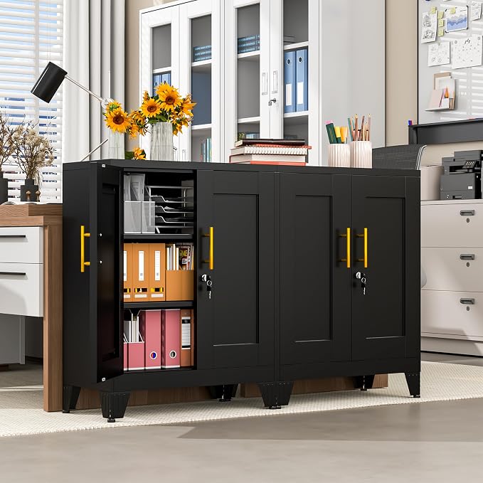 Black Metal Storage Cabinet, 36" Tall Locking Storage Cabinet, 14”D | with 2 Adjustable Shelves, Steel Locker Organizer, Metal Freestanding Buffet Cupboards Sideboard for Office, Home, School,2PS