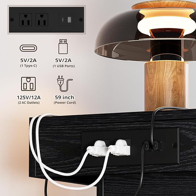 LIKIMIO Nightstand with Charging Station LED Light and 2 Drawers Black | bedside table; end table; charging station; LED light; 2 drawers; black wood grain; small spaces