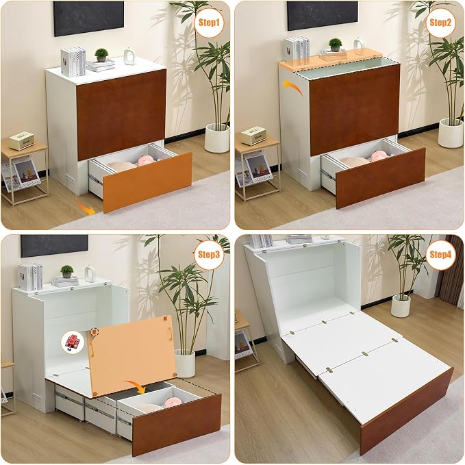 VINGLI Twin Murphy Bed with Storage Drawer,Rustic & Scandinavian Style Foldable Bed Cabinet with Charging Station,Hideaway Paltform Panel Bed for Small Spaces,Guest Room,Office,Apartment,Golden Brown