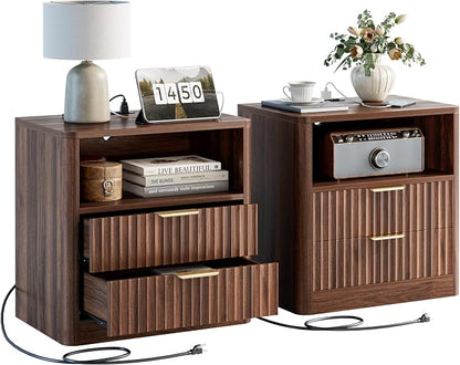 IRONCK Fluted Night Stand Set of 2, Modern Nightstand with Charging Station, Drawers and Open Shelves - Bedside Table Wood Side Table Set for Bedroom, Walnut