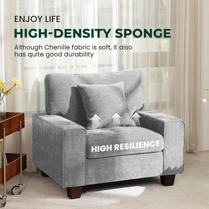 DOPEDIO Modern Living Room Sofa Set, 88.58" Chenille Loveseat with 2 Accent Chairs, Removable Covers, Spring Cushions, Solid Wood Frame, Easy Assembly（88.58inch+2 Single,Light Gray）
