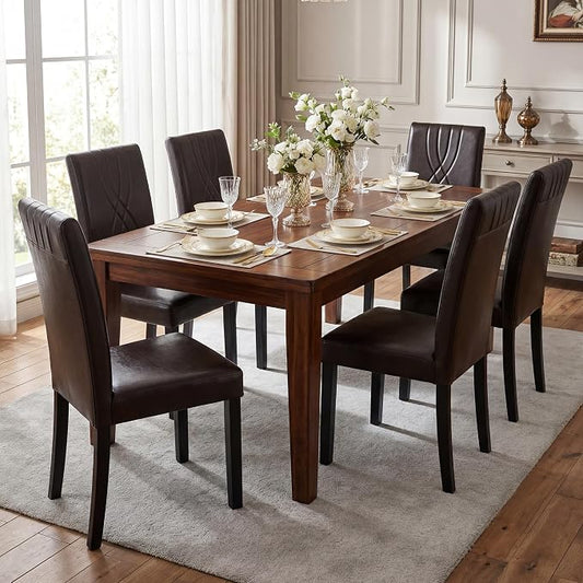 LSSBOUGHT Modern Dining Chair Set of 6,Urban Style Leather Kicthen Chairs with Solid Wood Legs for Dining Room and Restaurant (Brown-Quilted backrest)