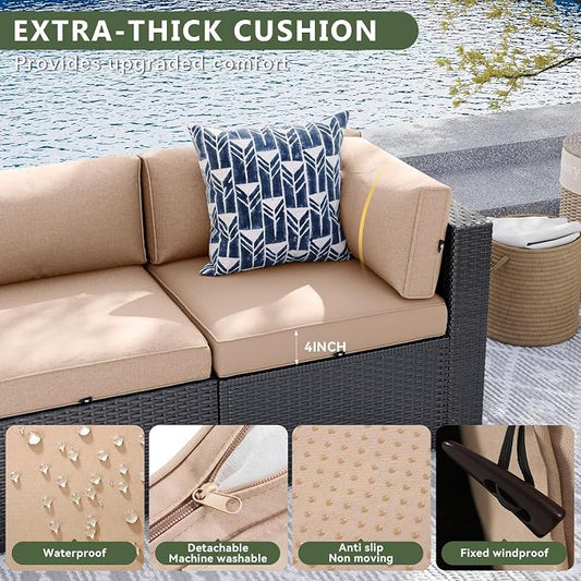 Aoxun 7 Piece Patio Furniture Set, Wicker Rattan Patio Sectional Sofa, Outdoor Furniture Set with Thickened Cushion, Beige