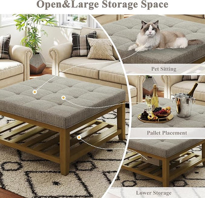 Befurtori Large Square Ottoman Coffee Table, Linen Solid Upholstered Footrest Ottoman with Solid Wood Shelf Storage Tufted Coffee Table for Bedroom Living Room, Linen