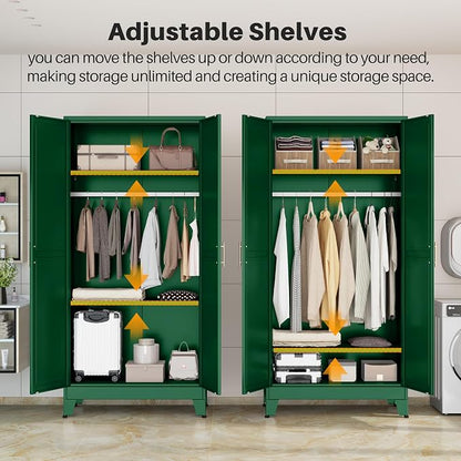 winiowa Metal Armoire Wardrobe Closet with 2 Doors, 71" Wardrobe Cabinet with Adjustable Shelves and Hanging Rod, Clothing Storage Cabinet Closet for Bedroom-Green