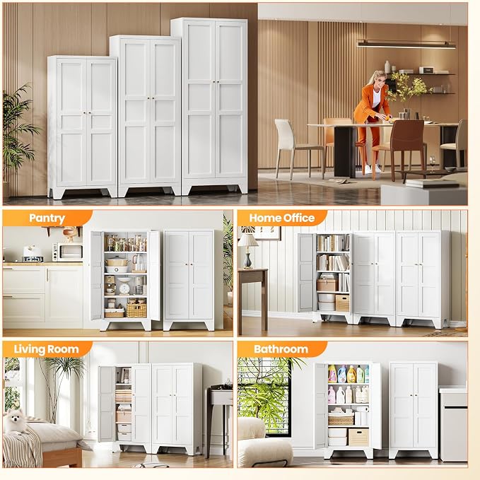 Metal White Storage Cabinet with 2 Doors and 3 Adjustable Shelves, 47.3" Tall Kitchen Pantry cabinets, Modern Food Pantry Cabinet,4 Tier Freestanding Framed Panel Door Cupboard for Kitchen Dining Room
