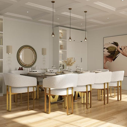 Off White and Gold Dining Chairs with Arms, Barrel Dining Room Chairs with White Boucle & U-Shaped Brushed Gold Metal Legs for Kitchen (Set of 11)