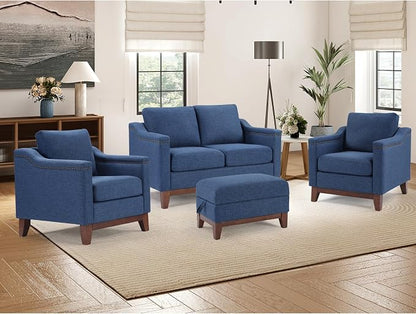HAOMARKETS 4 Piece Fabric Sofa Set with Nailhead Trim, Included Comfy Accent Chair Set of 2, Upholstered Loveseat 2-Seater Sofa Couches and Storage Ottoman with Flip-Top Table for Living Room, Blue
