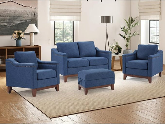 HAOMARKETS 4 Piece Fabric Sofa Set with Nailhead Trim, Included Comfy Accent Chair Set of 2, Upholstered Loveseat 2-Seater Sofa Couches and Storage Ottoman with Flip-Top Table for Living Room, Blue
