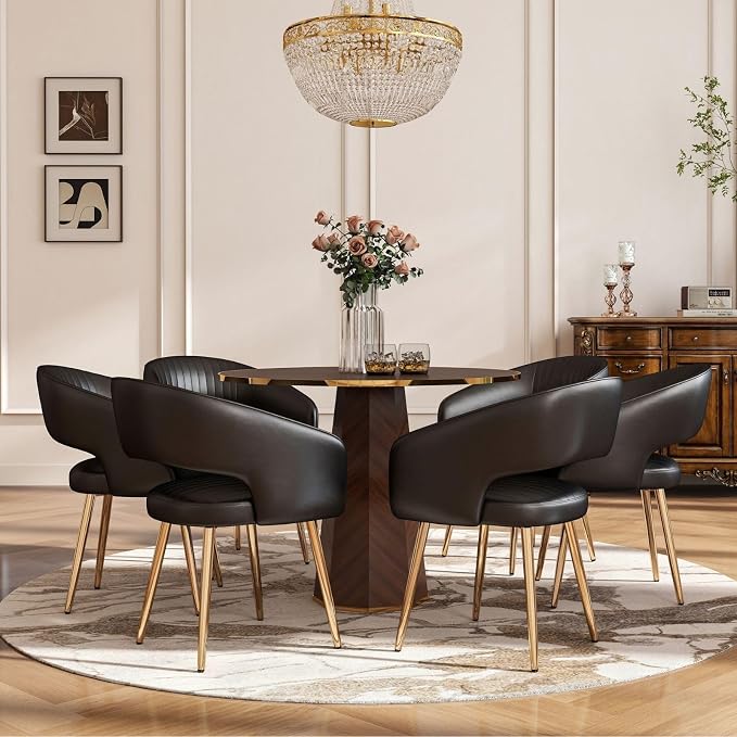 Hyfirm Dining Chairs Set of 6, Black Side Chairs with Hollow Back, PU Leather Upholstered Accent Chairs with Gold Metal Legs, Modern Kitchen Chairs for Living Room Restaurant