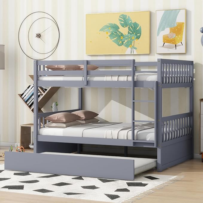 Bellemave Full Over Full Bunk Bed with Trundle,Convertible Bunk Beds with Ladder & Safety Guardrails,Full Size Trundle Bunk Beds for Kids Girls Boys,Grey