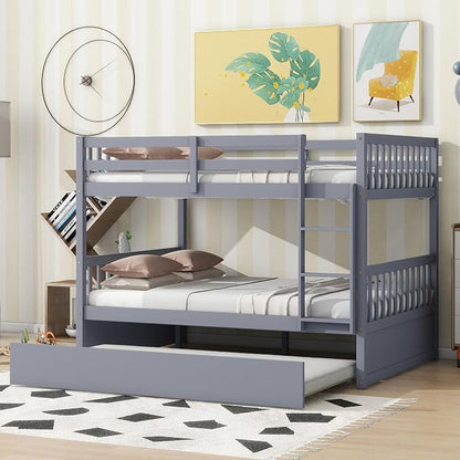 Bellemave Full Over Full Bunk Bed with Trundle,Convertible Bunk Beds with Ladder & Safety Guardrails,Full Size Trundle Bunk Beds for Kids Girls Boys,Grey