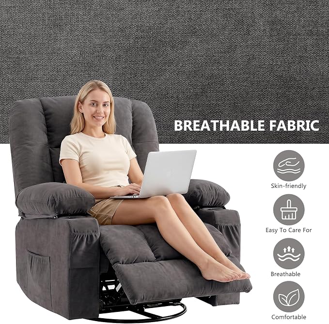 Swivel Rocker Recliner Chair with Vibration Massage and Heat Ergonomic Lounge Chair for Living Room with Rocking Function and Side Pocket, 2 Cup Holders, USB Charge Port