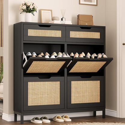 Jocoevol Rattan Shoe Cabinet for Entryway, Boho Shoe Storage Cabinet with 4 Flip Drawers and 2 Drawers, Narrow Freestanding Shoe Rack with Metal Legs for Entryway/Hallway/Foyer (Black)
