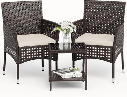 Devoko Patio Furniture Set 3 Pieces Outdoor Wicker Chairs Set of 2 with Coffee Table for Outside Porch Balcony (Brown)