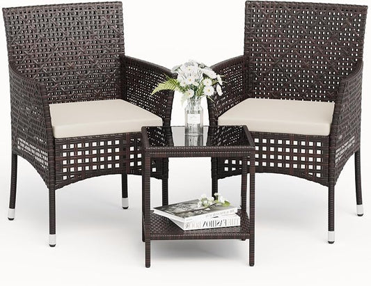 Devoko Patio Furniture Set 3 Pieces Outdoor Wicker Chairs Set of 2 with Coffee Table for Outside Porch Balcony (Brown)