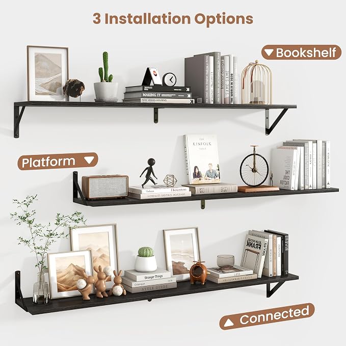 Axeman 48 Inch Black Floating Bookshelf Set of 2 | 8 Inch Deep Floating Shelves for Wall, Rustic Black Wood Shelves for Living Room Home Office Bathroom Bedroom