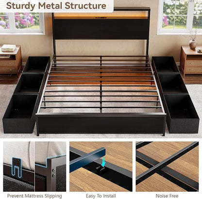 Forestell Queen Bed Frame with Headboard & 6 Drawers, Metal Platform Bed Frame Queen Size with LED Lights & Charging Station, 2 Tier Shelf Storage Bedframe-No Box Spring Needed, Noise Free, Black