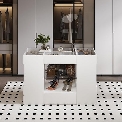 Kikihouse Modern Closet Island with 10 Drawers, LED Wardrobe Armoire Island with Glass Top, Luxury Walk-in Closet Island Storage Cabinet with Display Shelf for Cloakroom, Dressing Room (White)