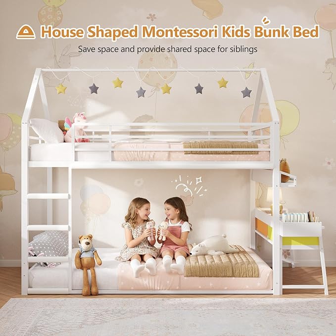 DICTAC Twin Over Twin Low Bunk Bed with Desk and Drawers, White | Metal House Shaped Low Bunk Bed, 2 Storage Drawers, Bookshelf and Side Pocket, Floor Bunk Bed with 13.4''H Safety Guardrail