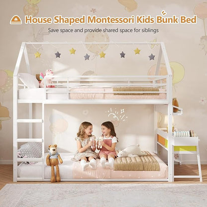 DICTAC Twin Over Twin Low Bunk Bed with Desk and Drawers, White | Metal House Shaped Low Bunk Bed, 2 Storage Drawers, Bookshelf and Side Pocket, Floor Bunk Bed with 13.4''H Safety Guardrail