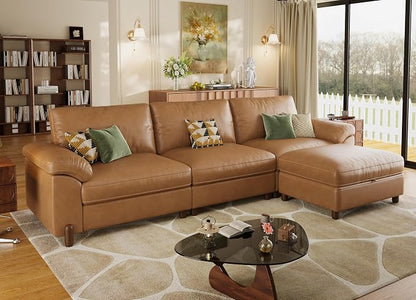 SITJOY Large Cloud Couch, 118" Wide 3 Seater L Shape, Faux Leather in Brown | Pet-Friendly Scratch-Resistant Leather Sectional Sofas for Living Room, Deep Seat Wide Couch with Chaise, Storage Ottoman