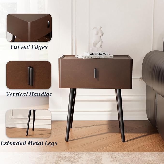 Nightstand Set of 2 with Single Drawer,Leather Side Table,Modern Bedside Table with Metal Legs for Bedroom,Small Accent End Table,Brown