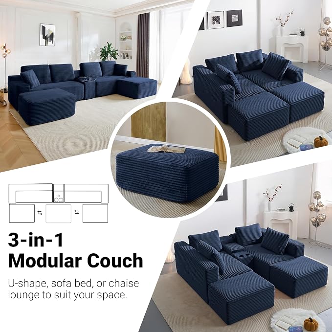 ivoros 150 Inch Modular Sectional Sofa Couch, Oversized Modern Cloud Couch for Living Room, U Shape Couches with 2 Ottomans, USB Ports and Cup Holders, Blue Corduroy Boneless Sofas,Sofa in a Box