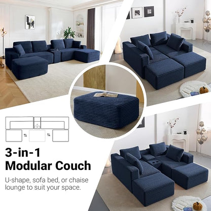 ivoros 150 Inch Modular Sectional Sofa Couch, Oversized Modern Cloud Couch for Living Room, U Shape Couches with 2 Ottomans, USB Ports and Cup Holders, Blue Corduroy Boneless Sofas,Sofa in a Box