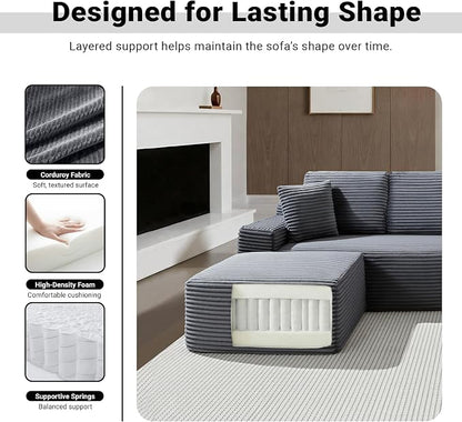 ivoros 150 Inch Modular Sectional Sofa Couch, Oversized Modern Cloud Couch for Living Room, U Shape Couches with 2 Ottomans, USB Ports and Cup Holders, Grey Corduroy Boneless Sofas, Sofa in a Box