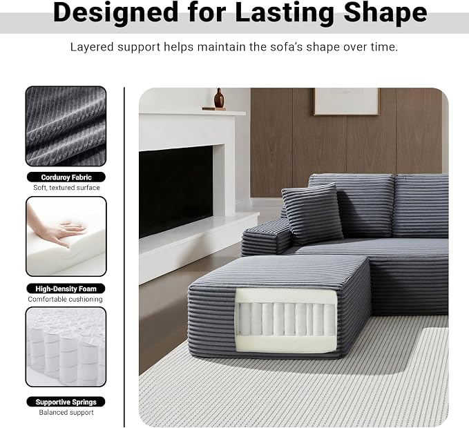 ivoros 111 Inch Modular Sectional Sofa Couch, Oversized Modern Cloud Couch for Living Room, L Shape Couches with Ottomans, USB Ports and Cup Holders, Grey Corduroy Boneless Sofas, Sofa in a Box
