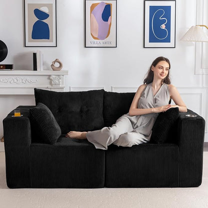 MAXYOYO Modular Sectional Sofa Couch, Loveseat Boneless Cloud Couch for Living Room, Sofa in A Box, Tufted Upholstered Cozy Chair with Cup Holders, No Assembly Required, Black