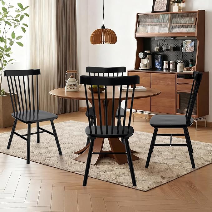 AreShark Windsor Dining Chairs, Farmhouse Wooden Dining Room Chairs, Solid Wood Kitchen Chairs with Spindle Back Set of 6, Black