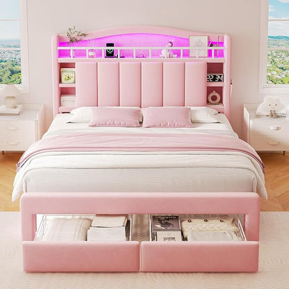 Full LED Bed Frame with Storage Headboard & 2 Storage Drawers, Princess Velvet Upholstered Bed with Vertical Tufted Headboard Design for Girls, USB & Type-C Charging Ports, Wooden Slats Support, Pink