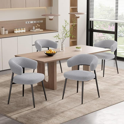Dining Chairs Set of 4, Mid Century Modern Dining Chairs, Boucle Upholstered Kitchen Chair with Curved Backrest & Metal Legs for Dining Room, Grey