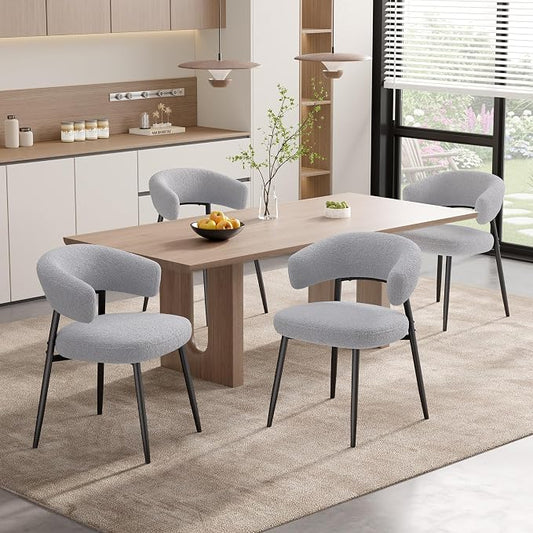 Dining Chairs Set of 4, Mid Century Modern Dining Chairs, Boucle Upholstered Kitchen Chair with Curved Backrest & Metal Legs for Dining Room, Grey