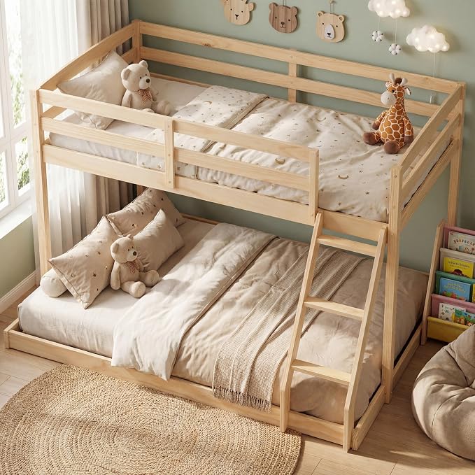 KOMFOTT Low Bunk Bed Twin Over Full, Solid Wood Twin Bed Frame with Built-in Ladder & Safety Guardrails, Space-Saving Low Bunk Bed for Kids, Teens, No Box Spring Needed (Low Twin Over Full,Natural)