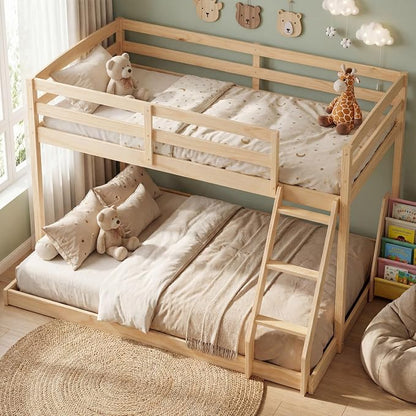 KOMFOTT Low Bunk Bed Twin Over Full, Solid Wood Twin Bed Frame with Built-in Ladder & Safety Guardrails, Space-Saving Low Bunk Bed for Kids, Teens, No Box Spring Needed (Low Twin Over Full,Natural)