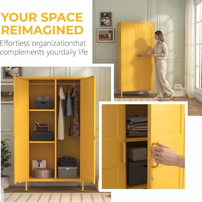 Lockable Closet Metal Wardrobe 67" Yellow 2 Door Wardrobe Bedroom Storage Cabinet Adjustable shelf Multi functional metal Storage Cabinet with hanging rail for domestic use 18.1" D x 31.5" W x 67" H