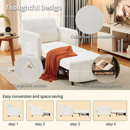 ZZW Sleeper Chair 84" Extra Long Convertible Chair Bed Upgraded 3-in-1 to 4-in-1 Pull Out Chair & Single Sofa Bed for Adult Sleeping Chair for Living Room & Small Space (White)