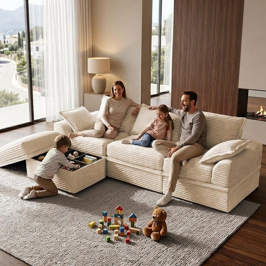 Upgrade Boneless Couch with Storage, Extra Deep&High Seat Modular Sectional Sofa 3 Seater L Shaped Cloud Couch with Ottoman, Tool-Free Assembly Sectional Couches for Living Room, Beige